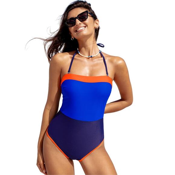 Cupshe Women's Navy & Orange Colorblock Convertible One Piece Swimsuit Small - Picture 1 of 7